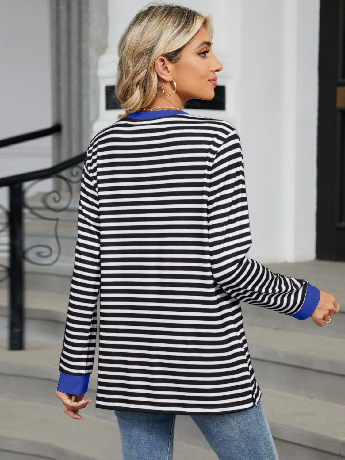 Pocketed Striped Round Neck Long Sleeve T-Shirt - Abundia House