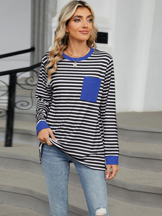 Pocketed Striped Round Neck Long Sleeve T-Shirt - Abundia House