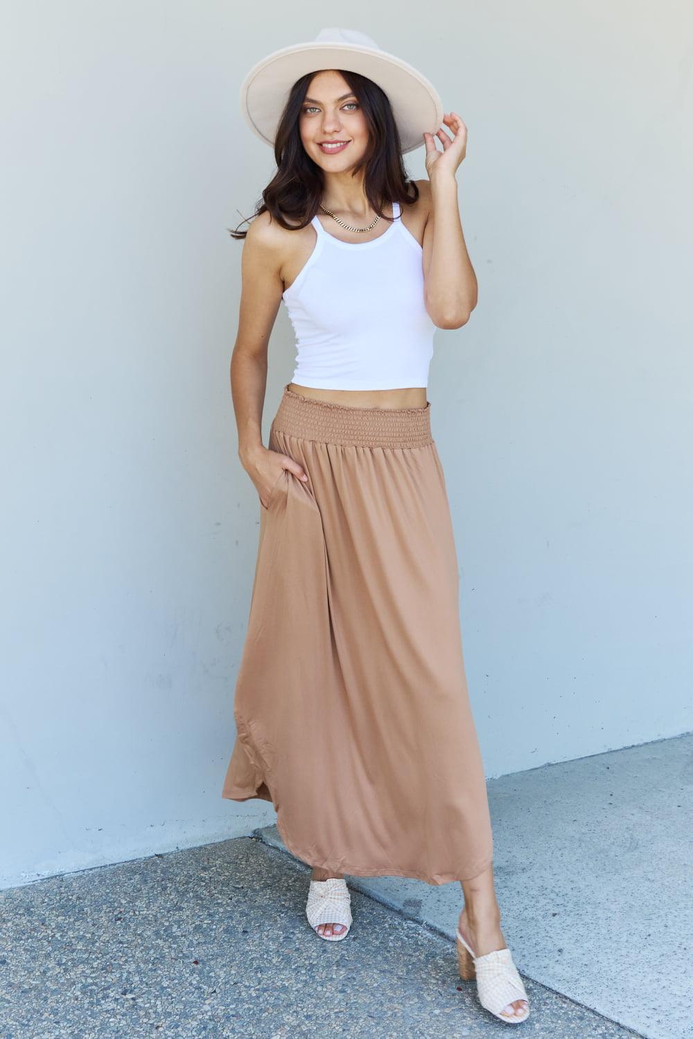 Doublju Comfort Princess Full Size High Waist Scoop Hem Maxi Skirt in Tan - Abundia House