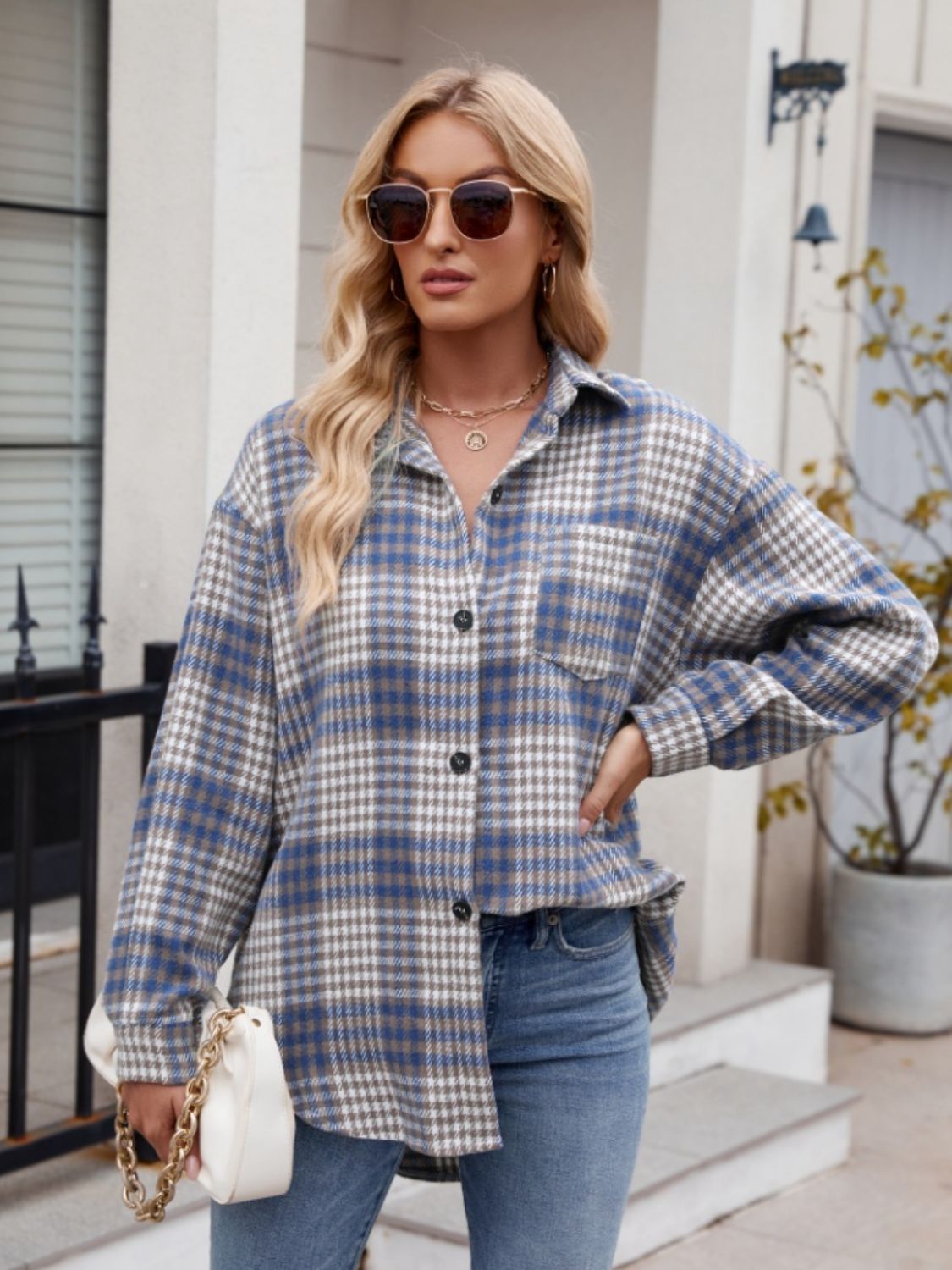 Pocketed Plaid Collared Neck Long Sleeve Shirt - Abundia House