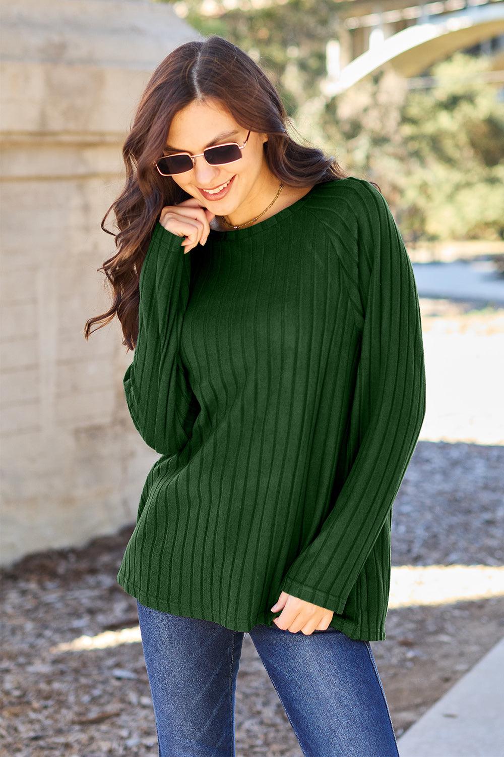 Basic Bae Full Size Ribbed Round Neck Long Sleeve Knit Top - Abundia House