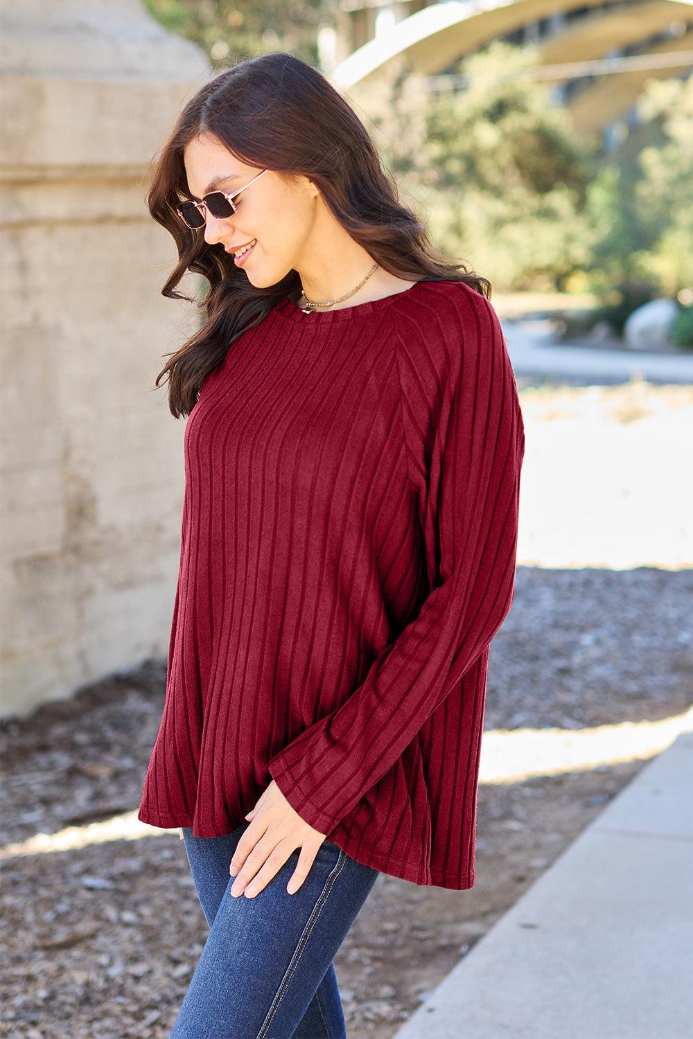 Basic Bae Full Size Ribbed Round Neck Long Sleeve Knit Top - Abundia House