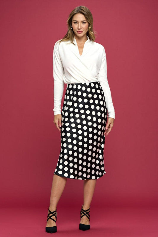 RENEE C Polka Dot Satin Midi Skirt - Abundia House