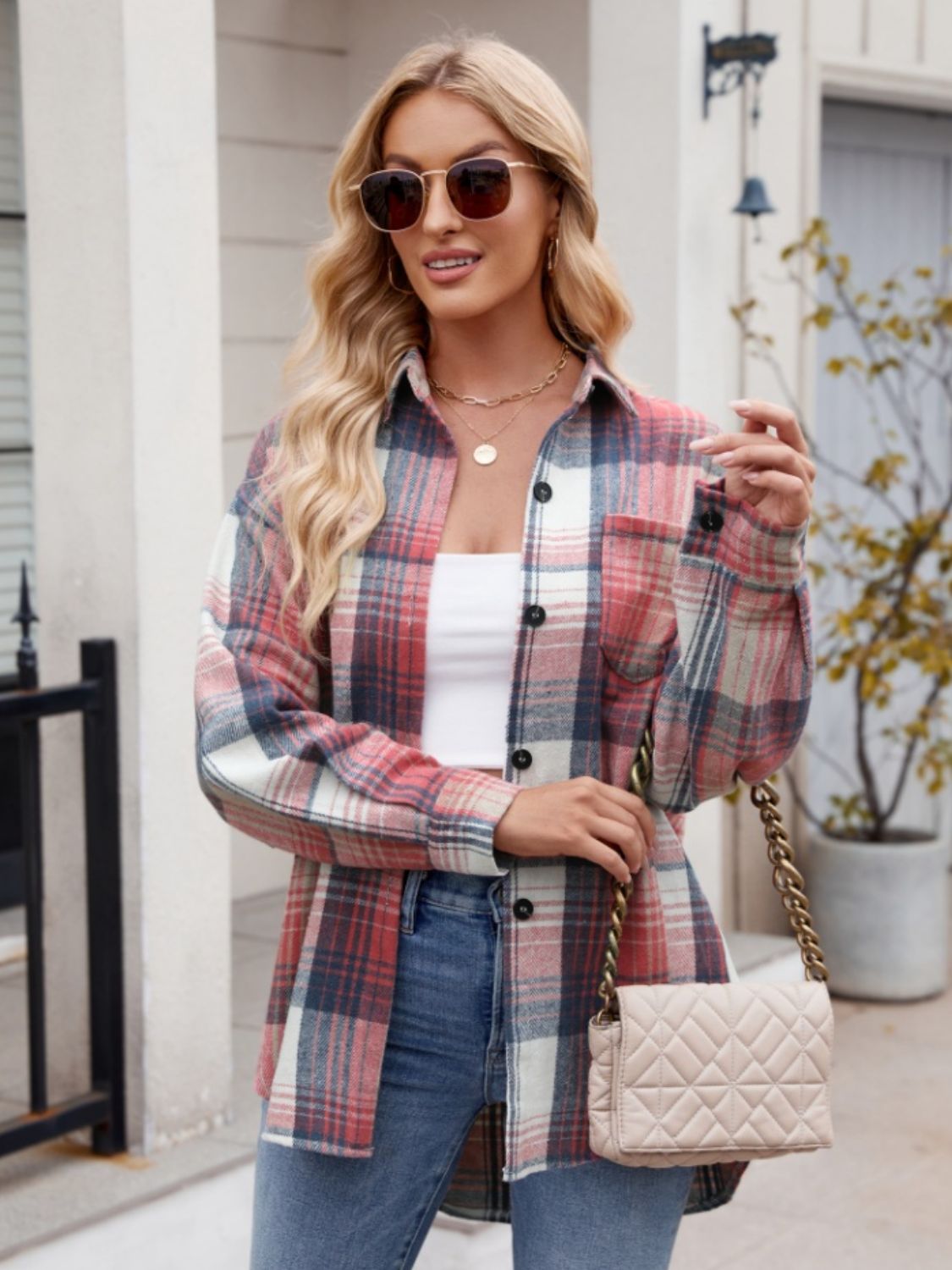 Pocketed Plaid Collared Neck Long Sleeve Shirt - Abundia House