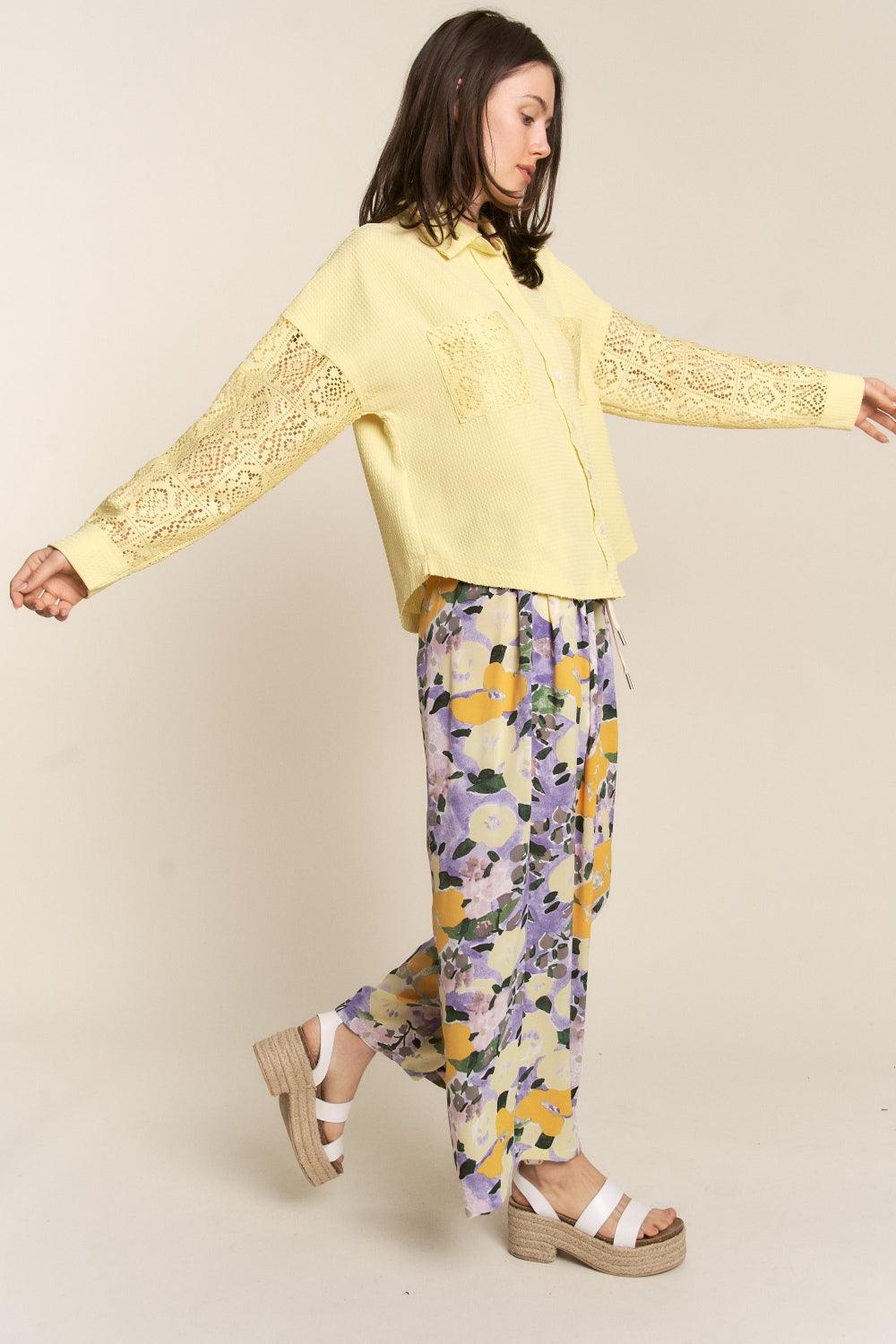 J.NNA Button Down Lace Long Sleeve Waffle Shirt - Abundia House