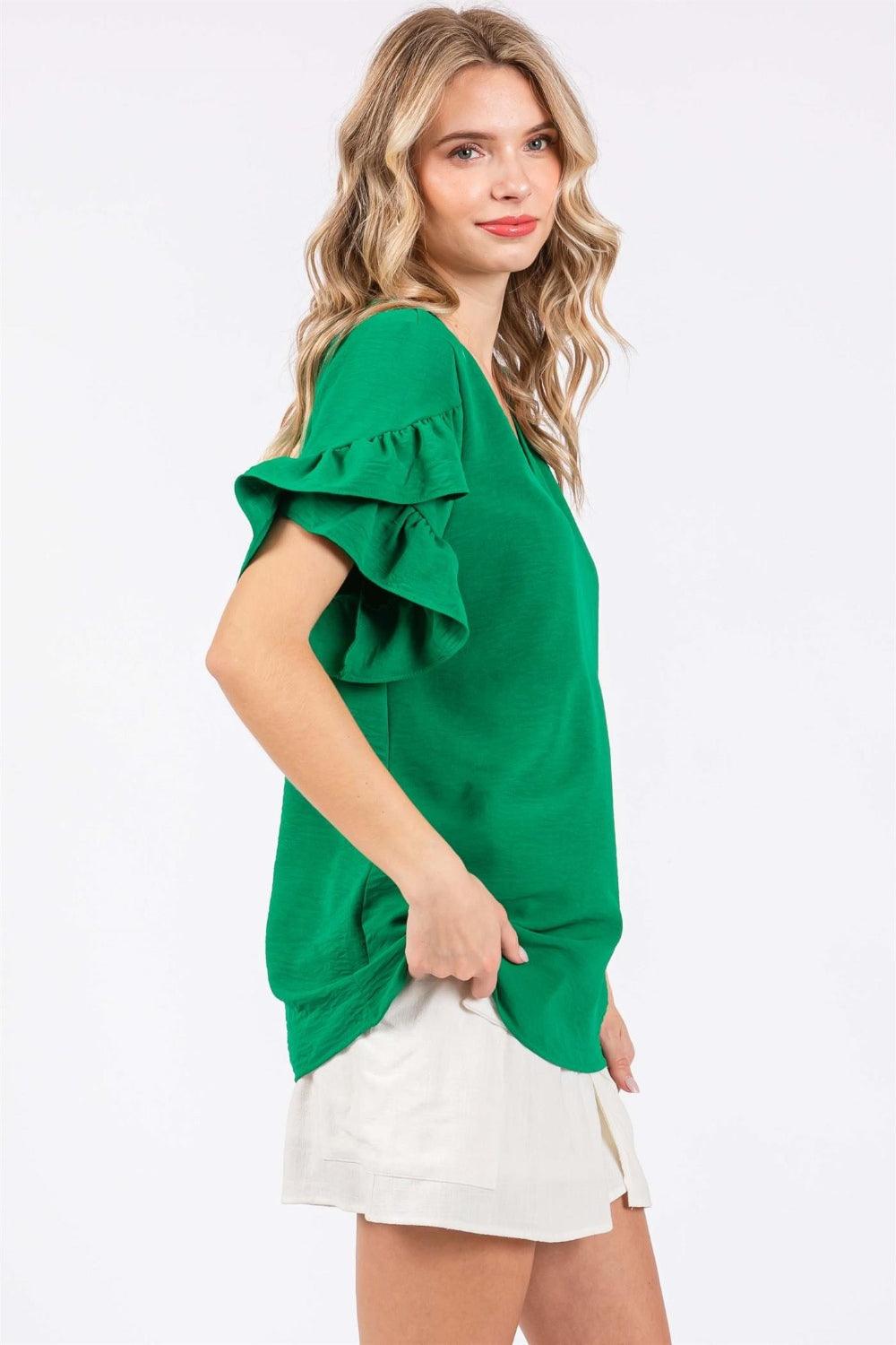 GeeGee Ruffled Short Sleeve V-Neck Blouse - Abundia House