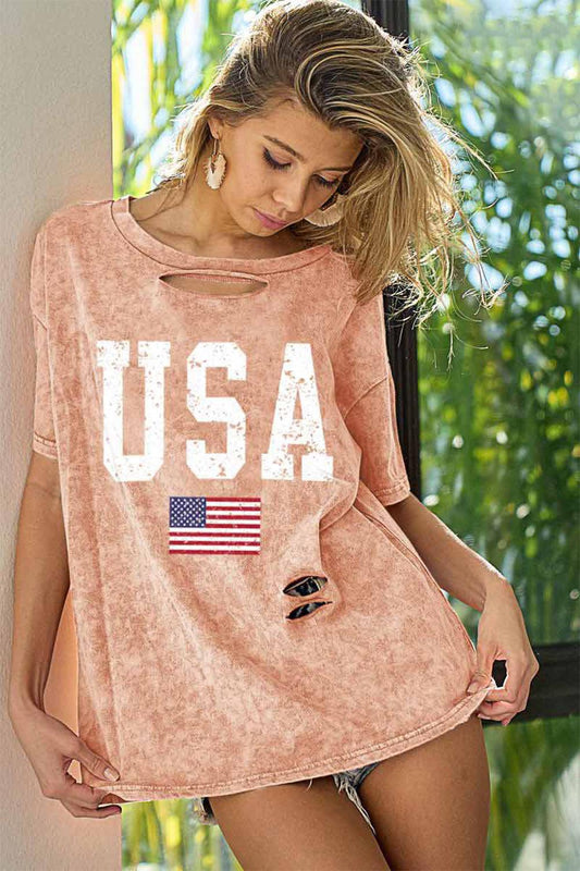 BiBi Washed American Flag Graphic Distressed T-Shirt - Abundia House