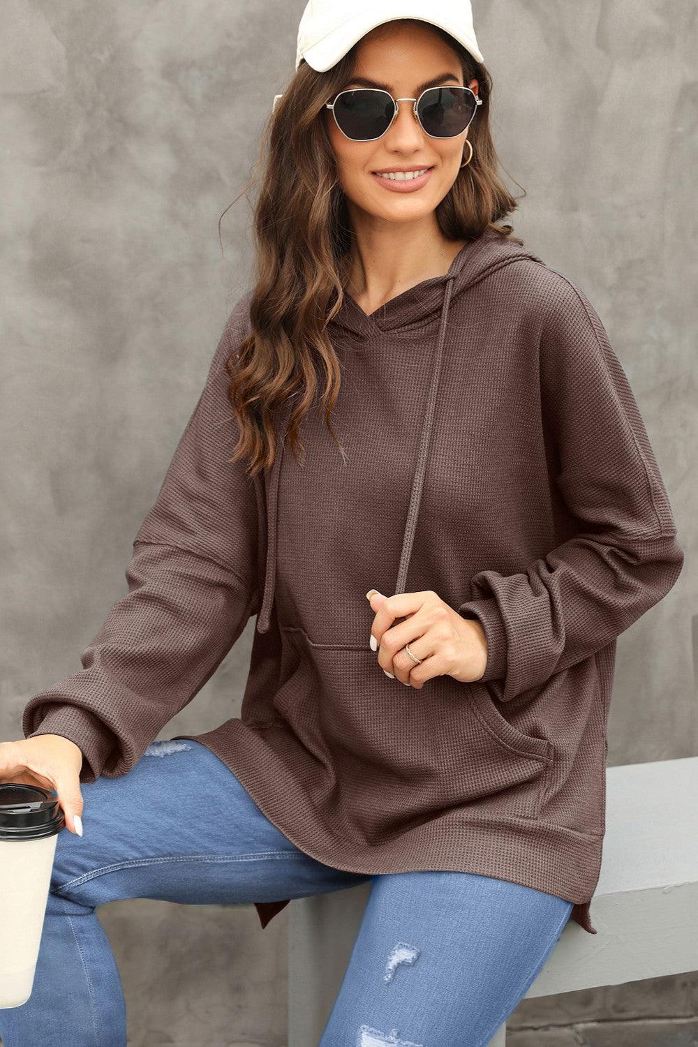 Waffle-Knit Long Sleeve Hoodie - Abundia House