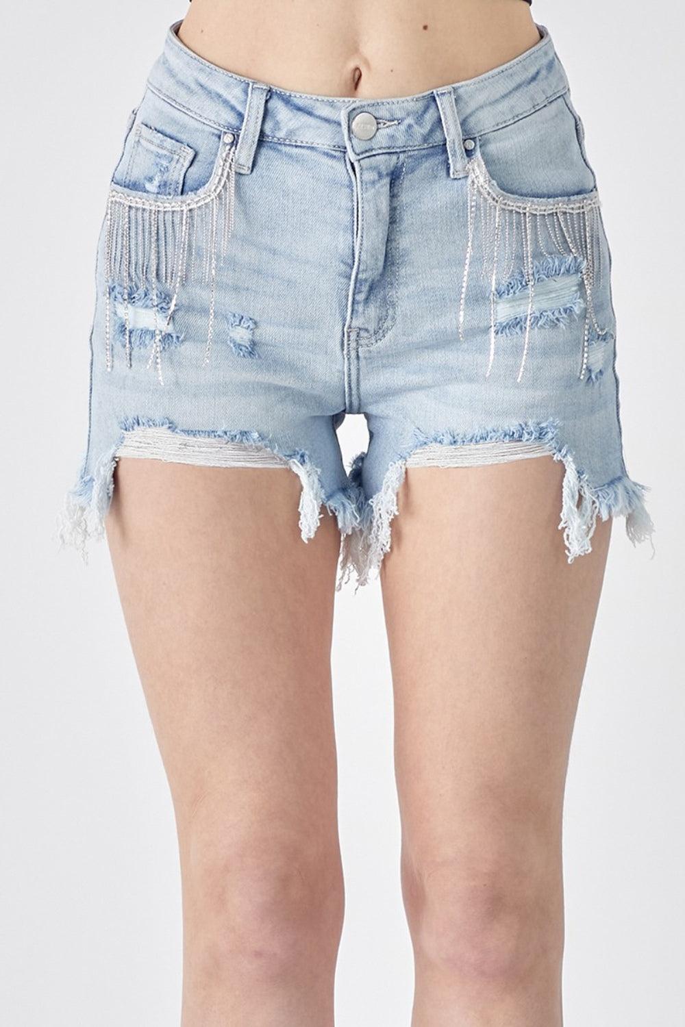 RISEN Frayed Hem Denim Shorts with Fringe Detail Pockets - Abundia House