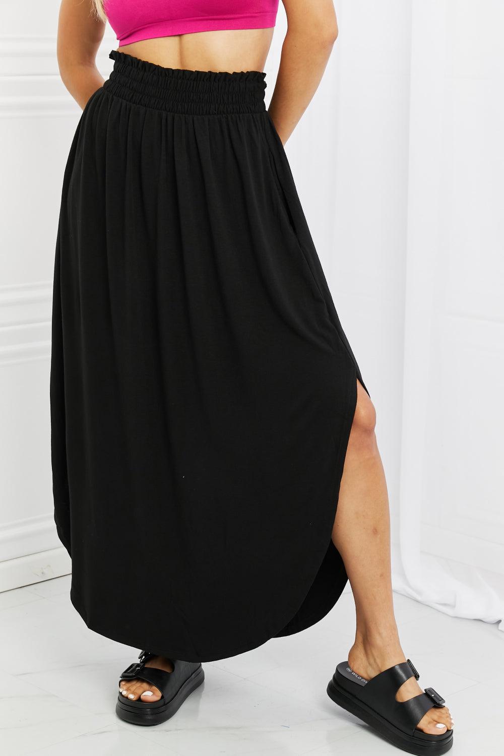 Zenana It's My Time Full Size Side Scoop Scrunch Skirt in Black - Abundia House