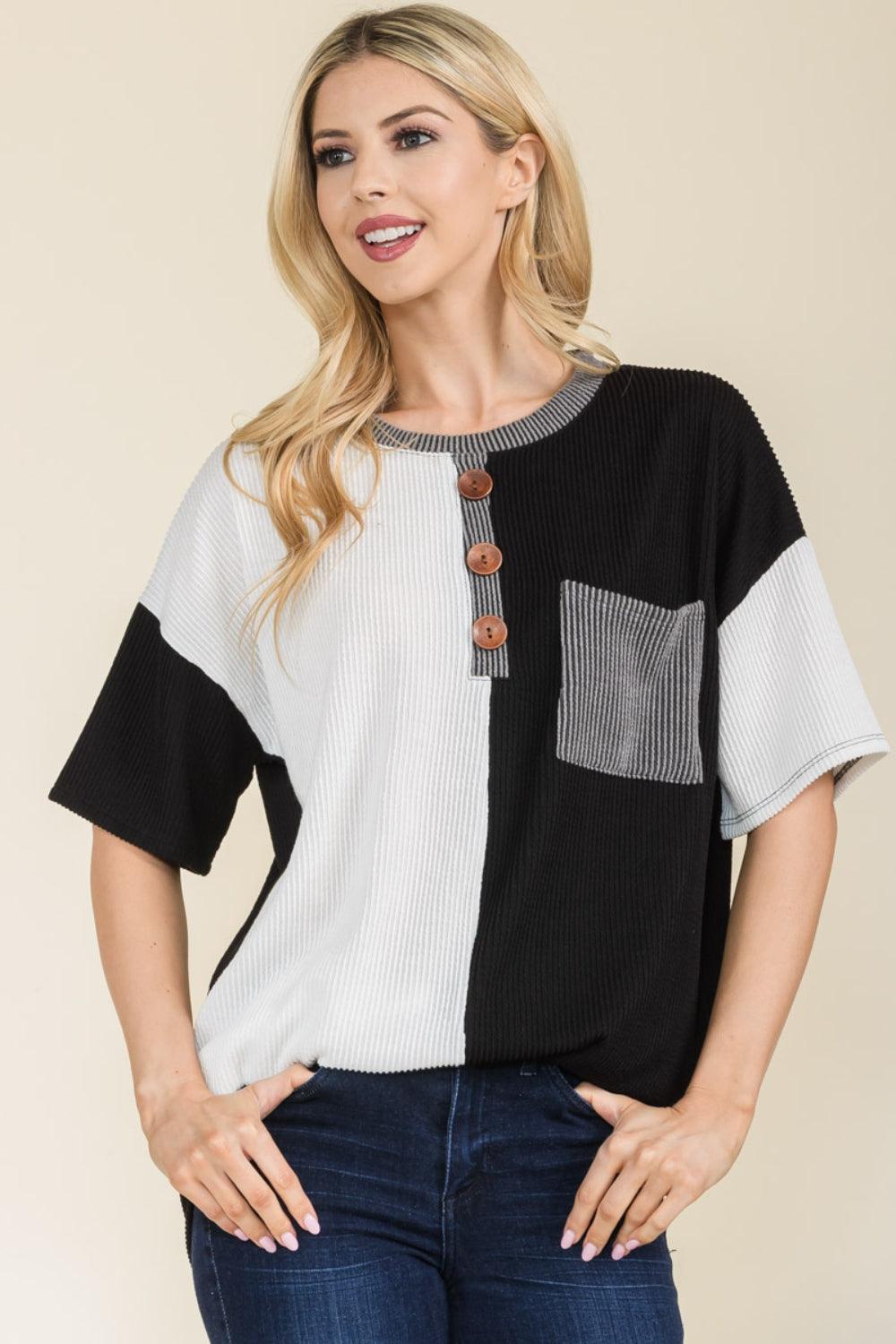 Celeste Full Size Ribbed Color Block Short Sleeve T-Shirt - Abundia House