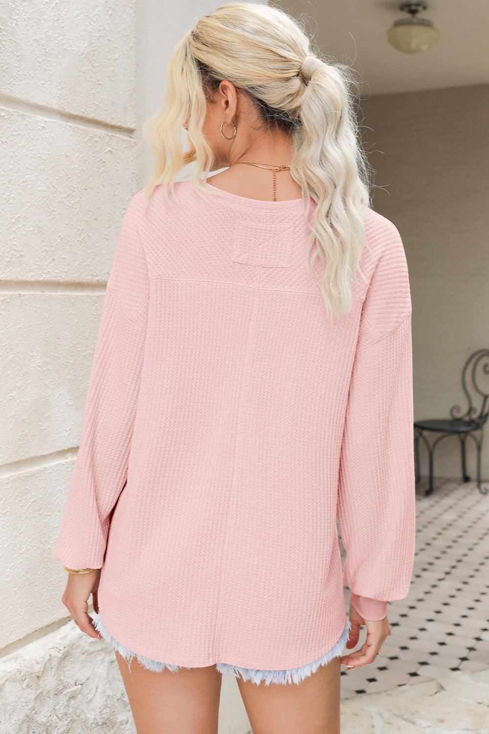 Waffle-Knit V-Neck Long Sleeve Top - Abundia House