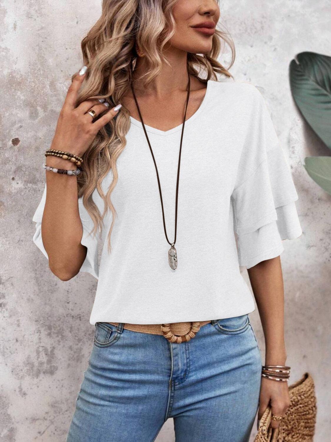 V-Neck Half Sleeve Blouse - Abundia House