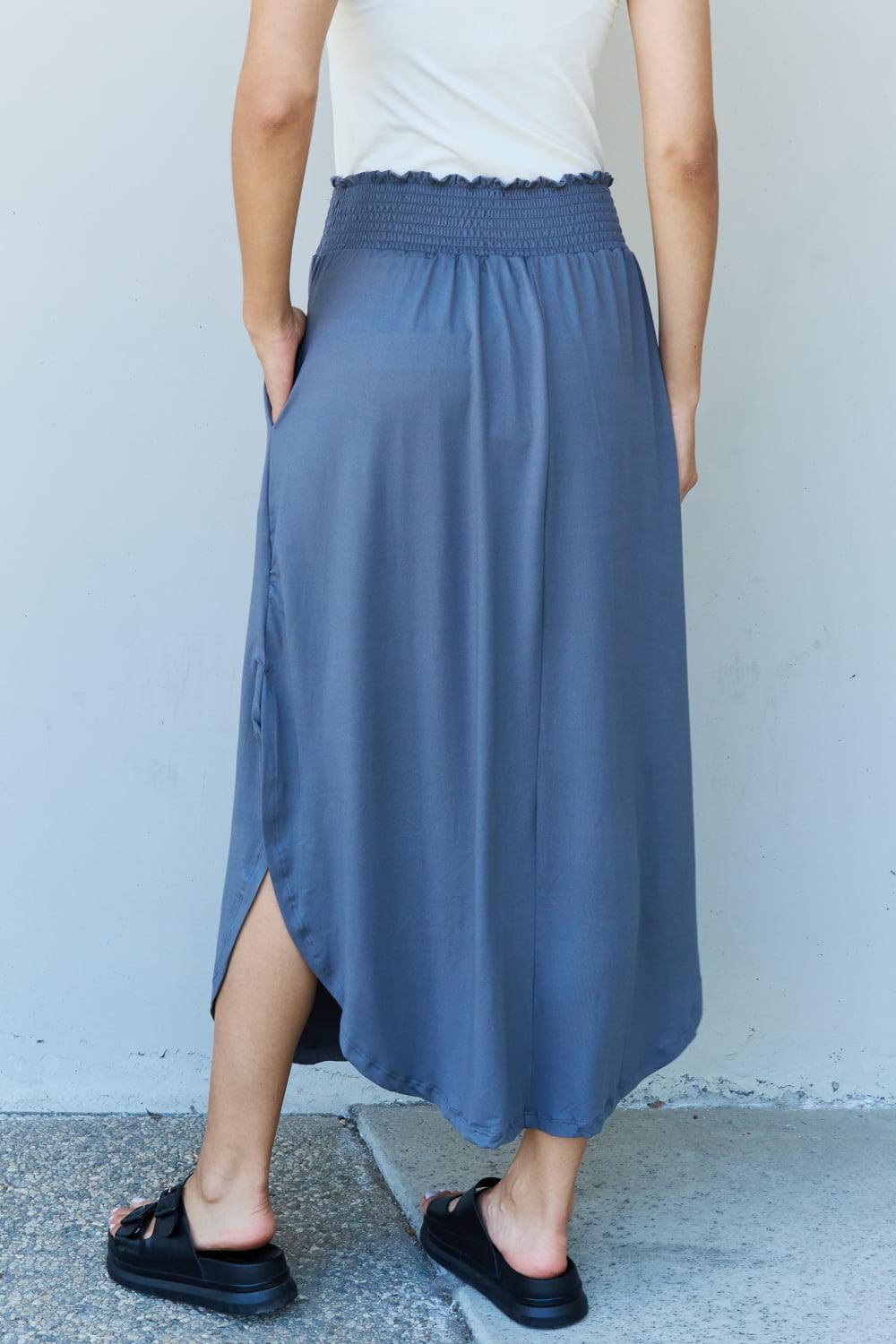 Doublju Comfort Princess Full Size High Waist Scoop Hem Maxi Skirt in Dusty Blue - Abundia House