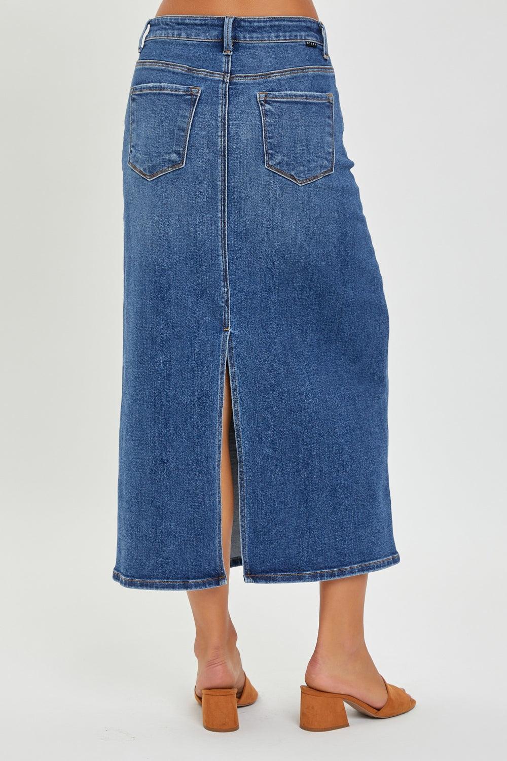 RISEN High Rise Back Slit Denim Skirt - Abundia House