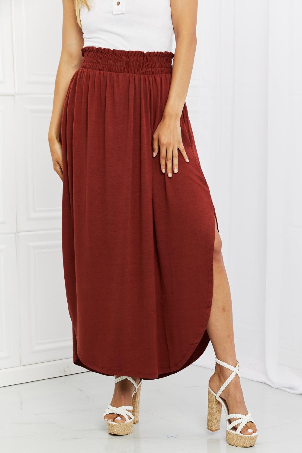 Zenana It's My Time Full Size Side Scoop Scrunch Skirt in Dark Rust - Abundia House