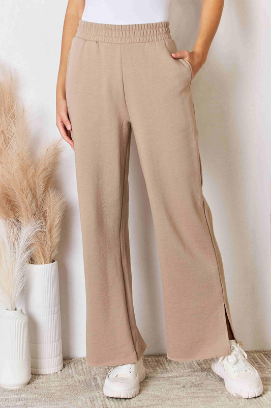 RISEN Wide Waistband Slit Wide Leg Pants - Abundia House