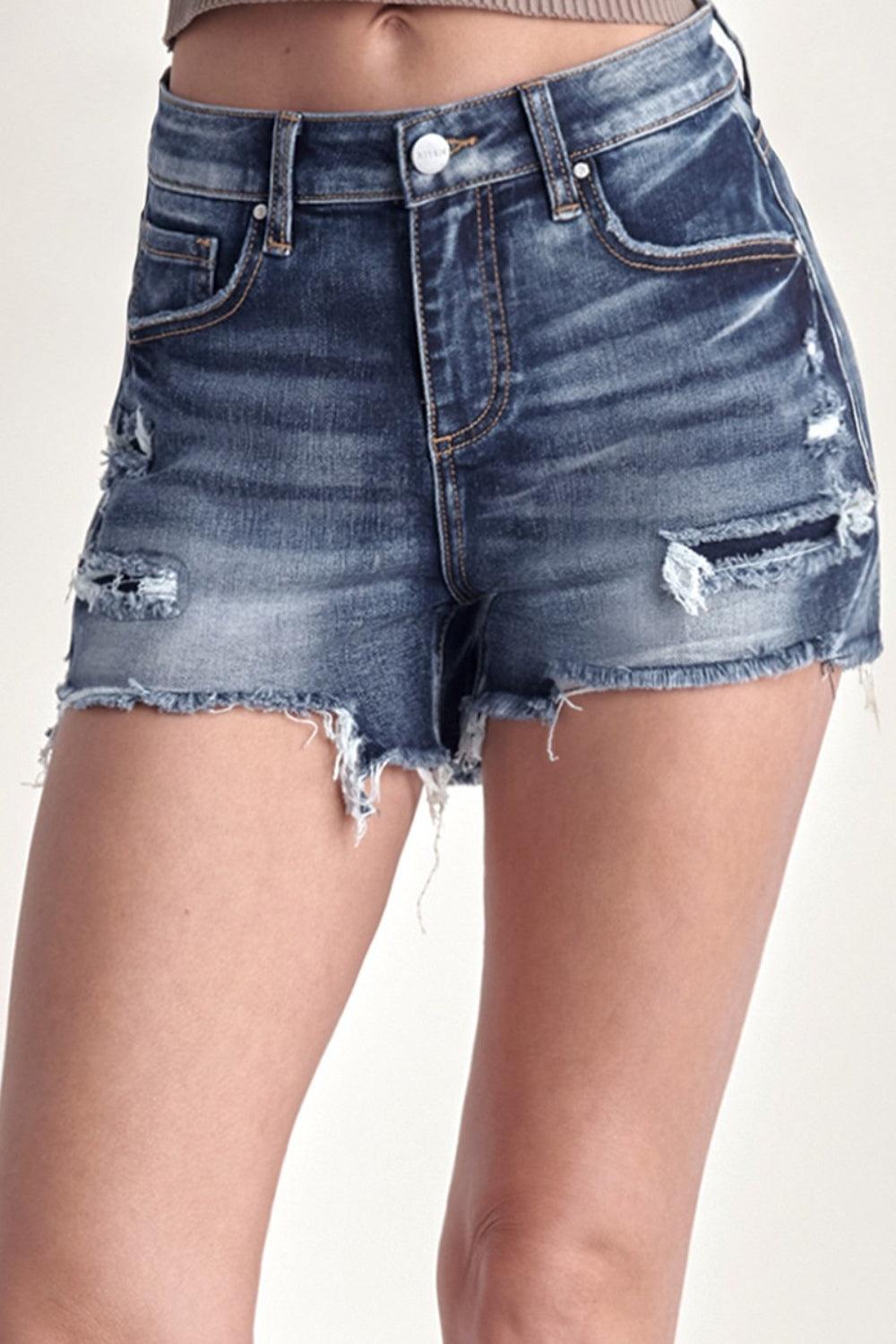 RISEN Mid Rise Raw Hem Denim Shorts - Abundia House