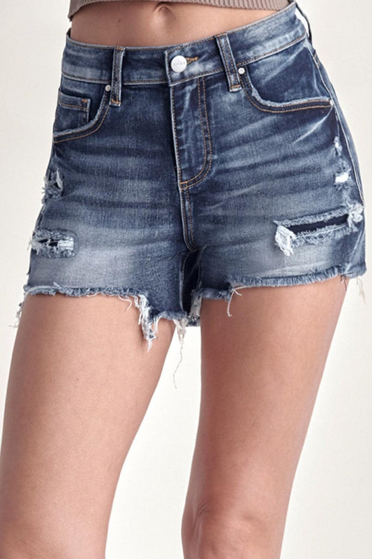 RISEN Mid Rise Raw Hem Denim Shorts - Abundia House