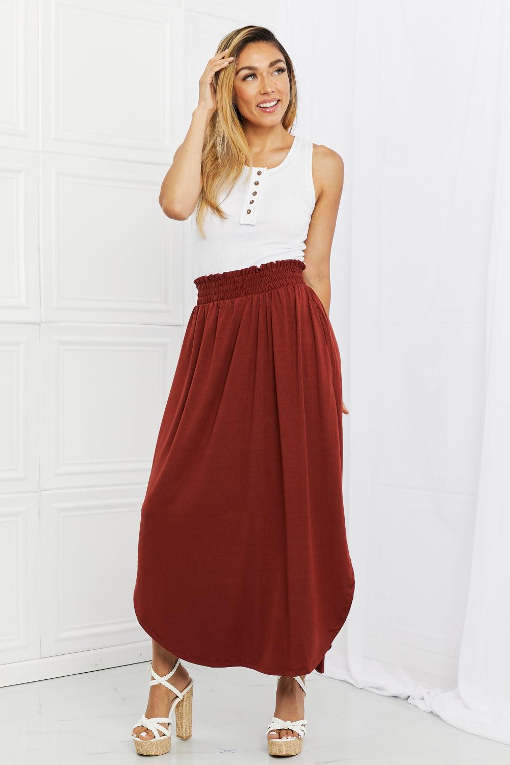 Zenana It's My Time Full Size Side Scoop Scrunch Skirt in Dark Rust - Abundia House