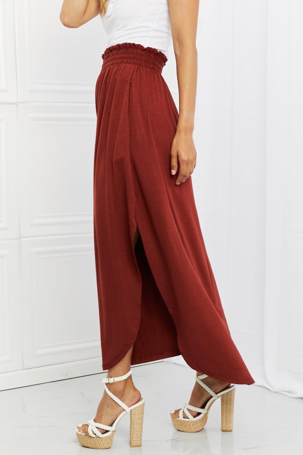 Zenana It's My Time Full Size Side Scoop Scrunch Skirt in Dark Rust - Abundia House