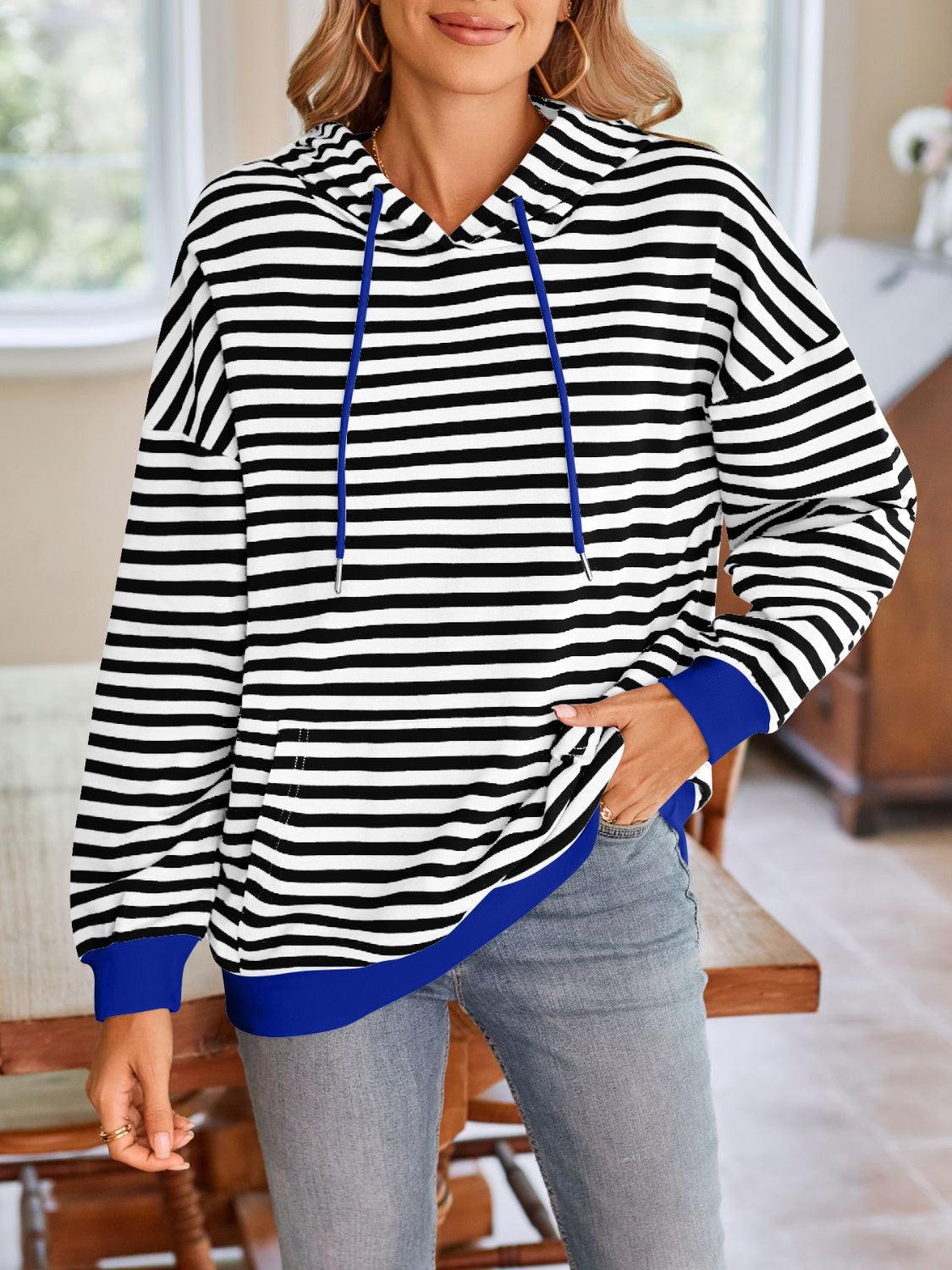 Drawstring Striped Long Sleeve Hoodie - Abundia House