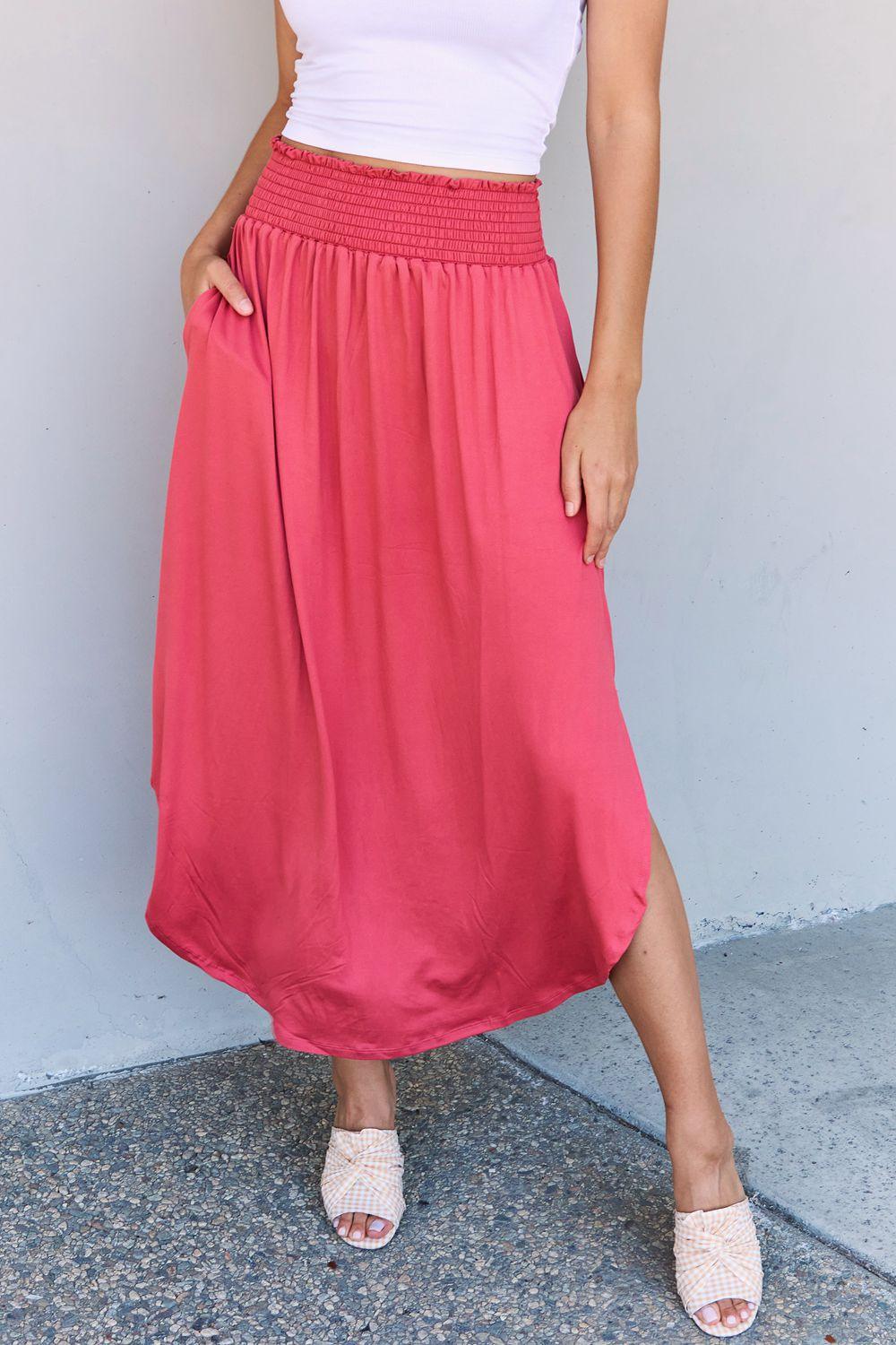 Doublju Comfort Princess Full Size High Waist Scoop Hem Maxi Skirt in Hot Pink - Abundia House