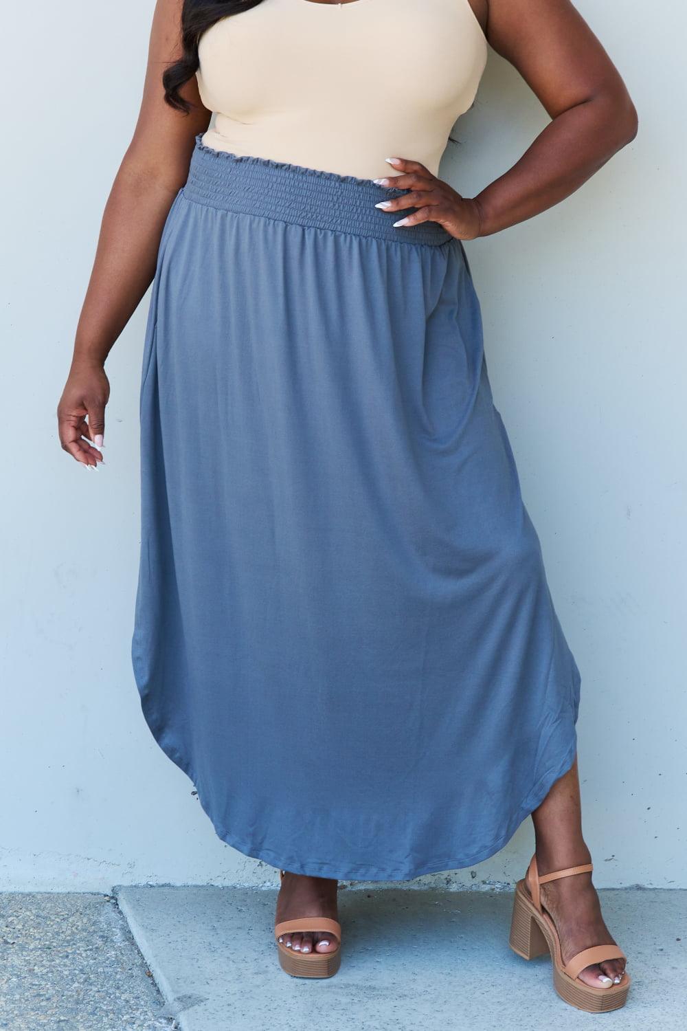 Doublju Comfort Princess Full Size High Waist Scoop Hem Maxi Skirt in Dusty Blue - Abundia House