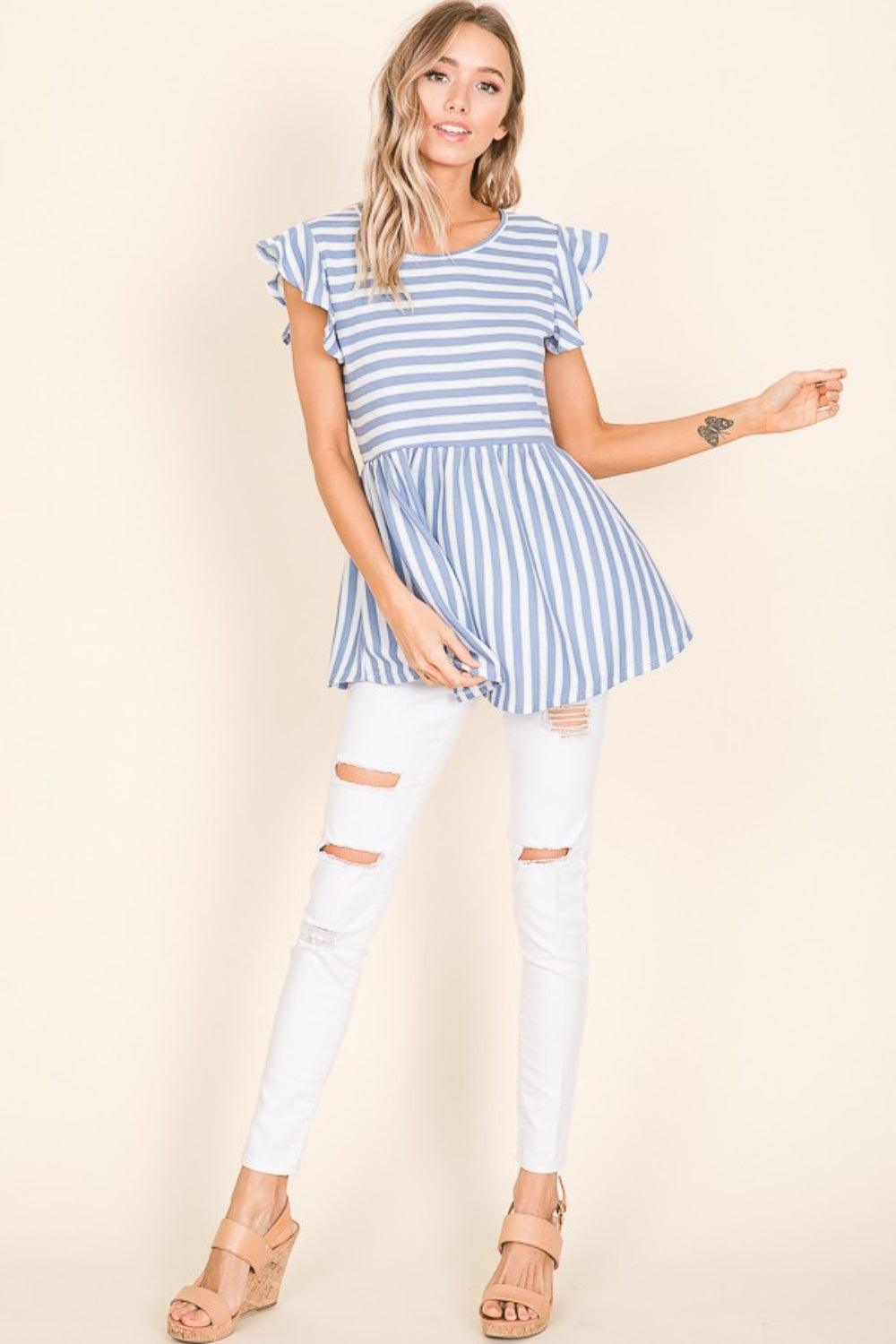 BOMBOM Striped Round Neck Blouse - Abundia House