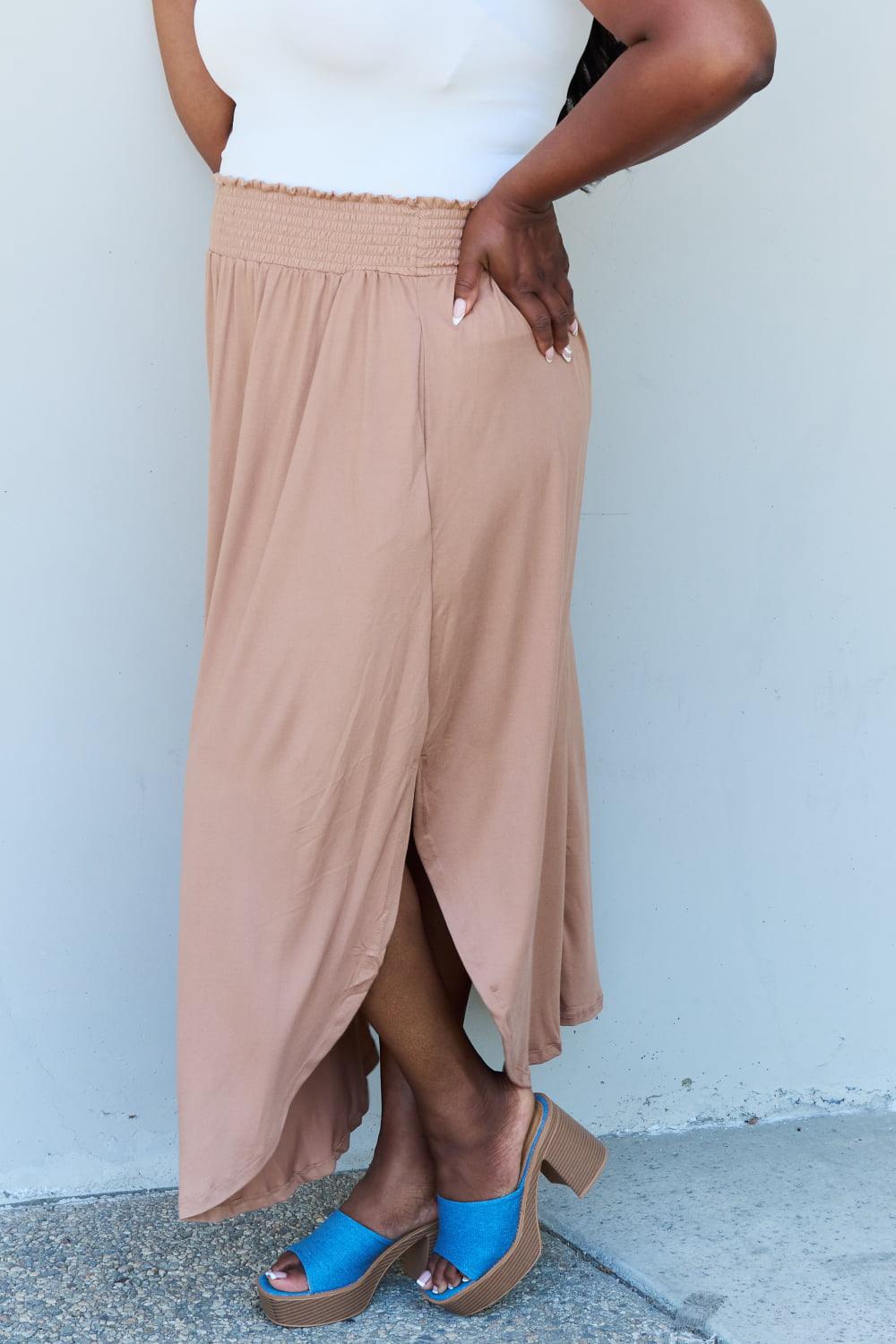 Doublju Comfort Princess Full Size High Waist Scoop Hem Maxi Skirt in Tan - Abundia House