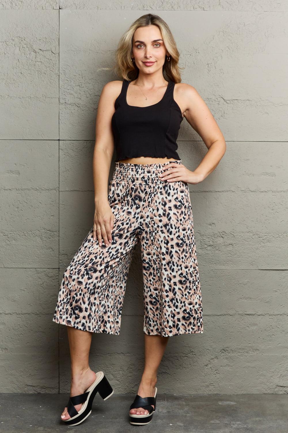 Ninexis Leopard High Waist Flowy Wide Leg Pants with Pockets - Abundia House