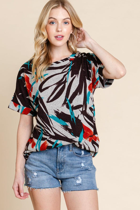 BOMBOM Printed Round Neck Short Sleeve T-Shirt - Abundia House