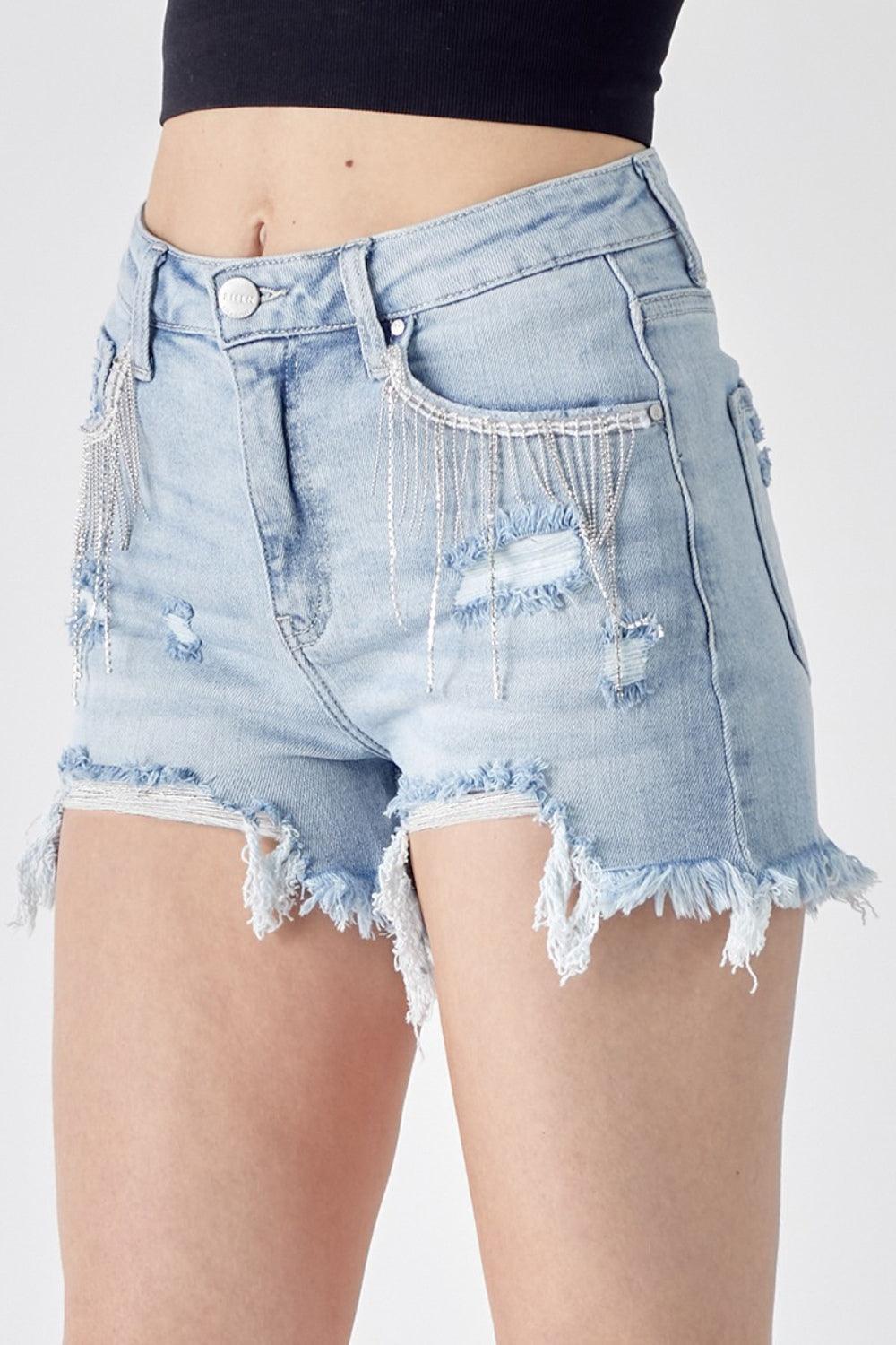 RISEN Frayed Hem Denim Shorts with Fringe Detail Pockets - Abundia House