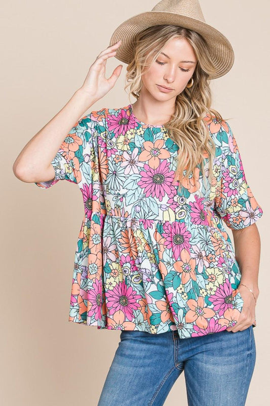 BOMBOM Floral Round Neck Short Sleeve Blouse - Abundia House