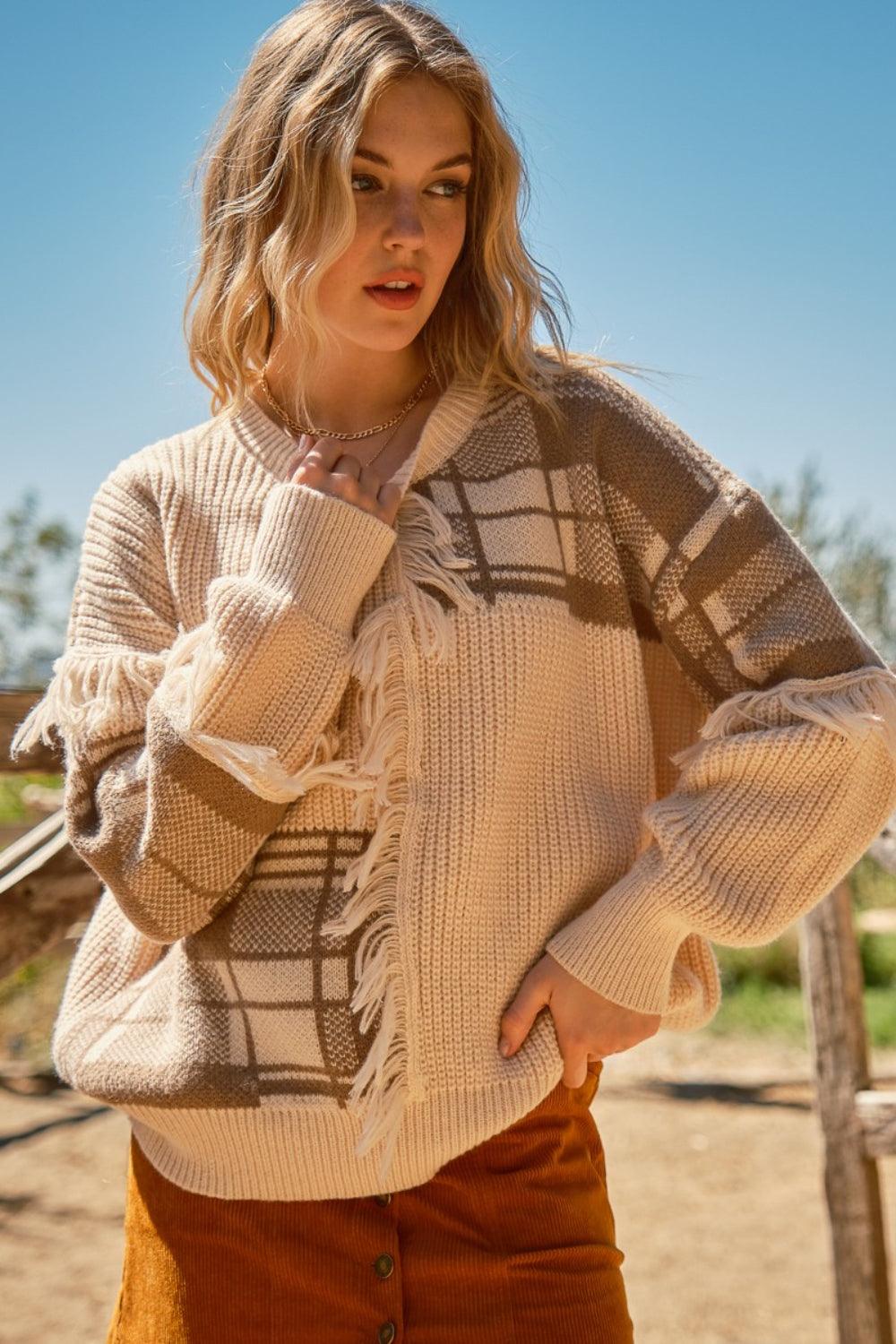 And The Why Plaid Pattern Color Block Fringe Sweater - Abundia House