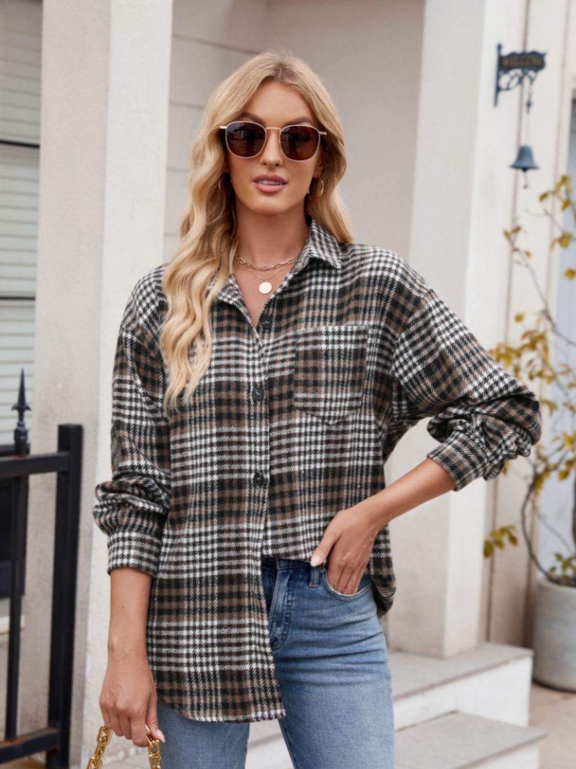 Pocketed Plaid Collared Neck Long Sleeve Shirt - Abundia House