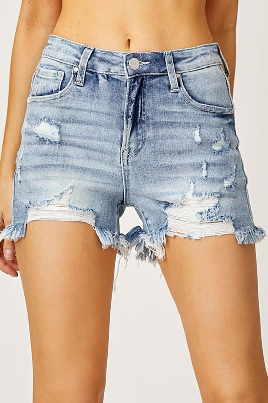 RISEN High Waist Distressed Denim Shorts - Abundia House