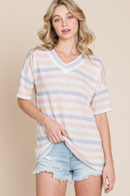 BOMBOM Striped V-Neck Short Sleeve T-Shirt - Abundia House