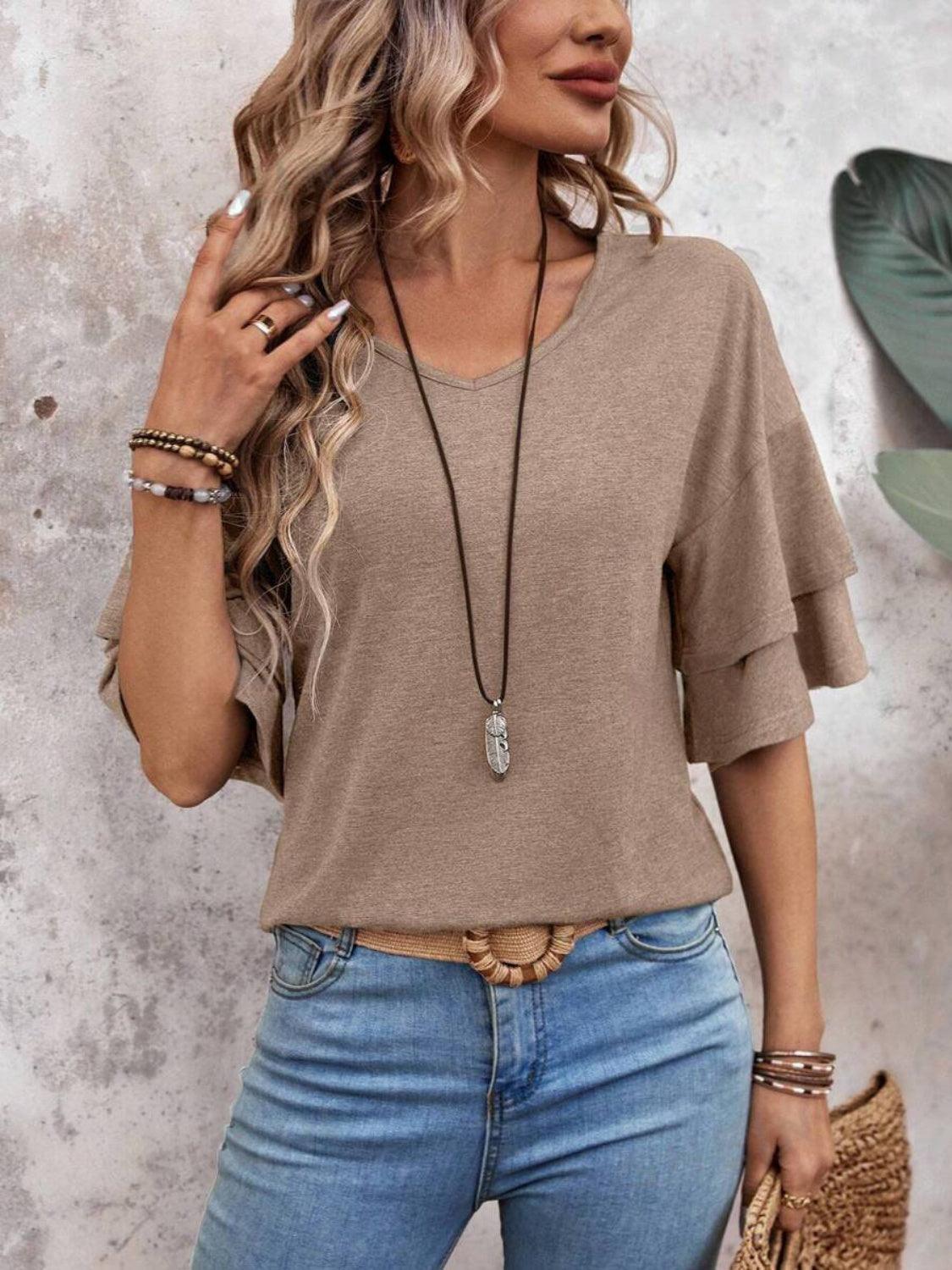 V-Neck Half Sleeve Blouse - Abundia House