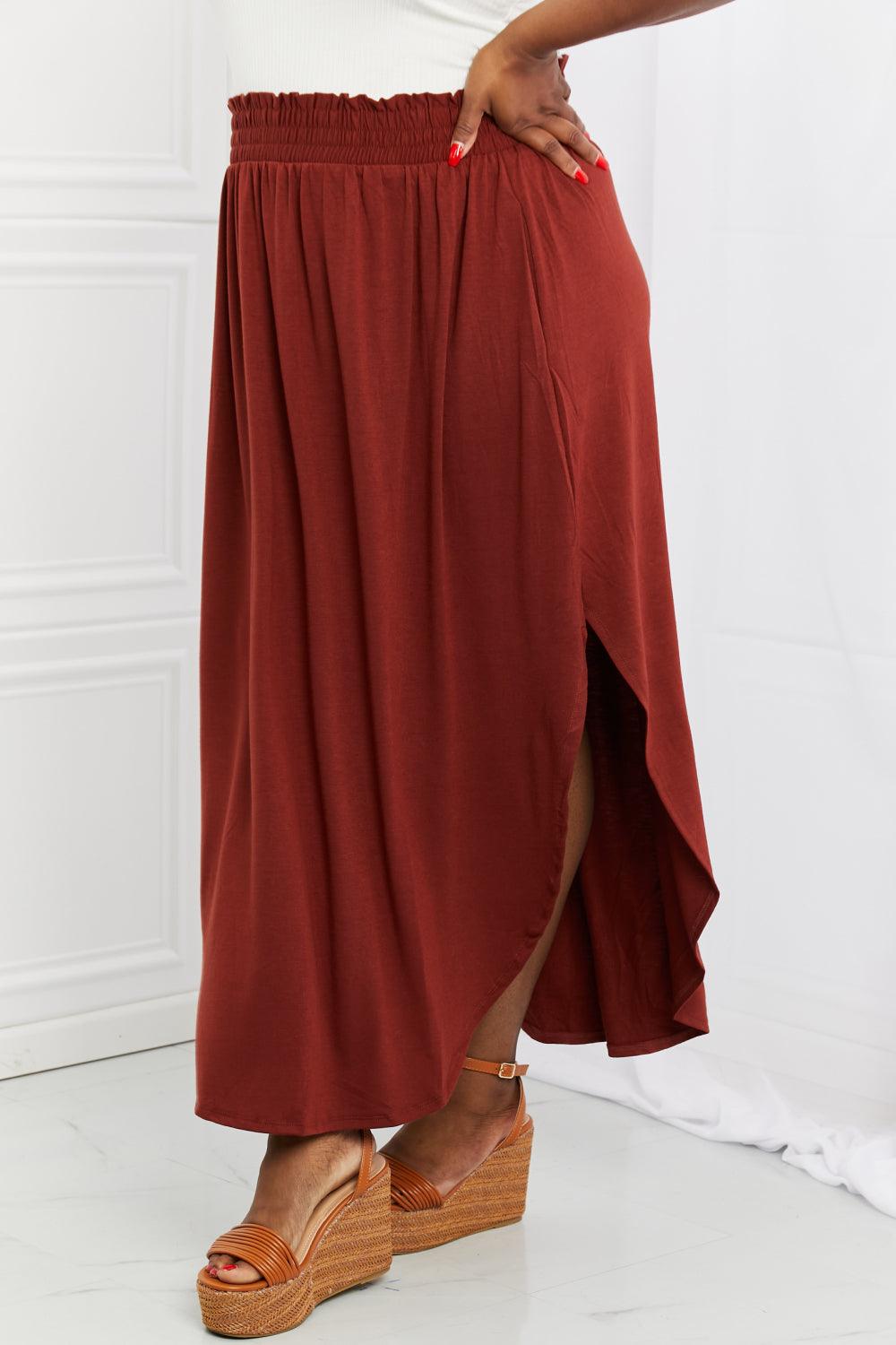 Zenana It's My Time Full Size Side Scoop Scrunch Skirt in Dark Rust - Abundia House