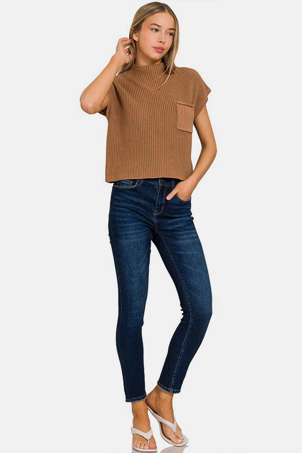 Zenana Mock Neck Short Sleeve Cropped Sweater - Abundia House