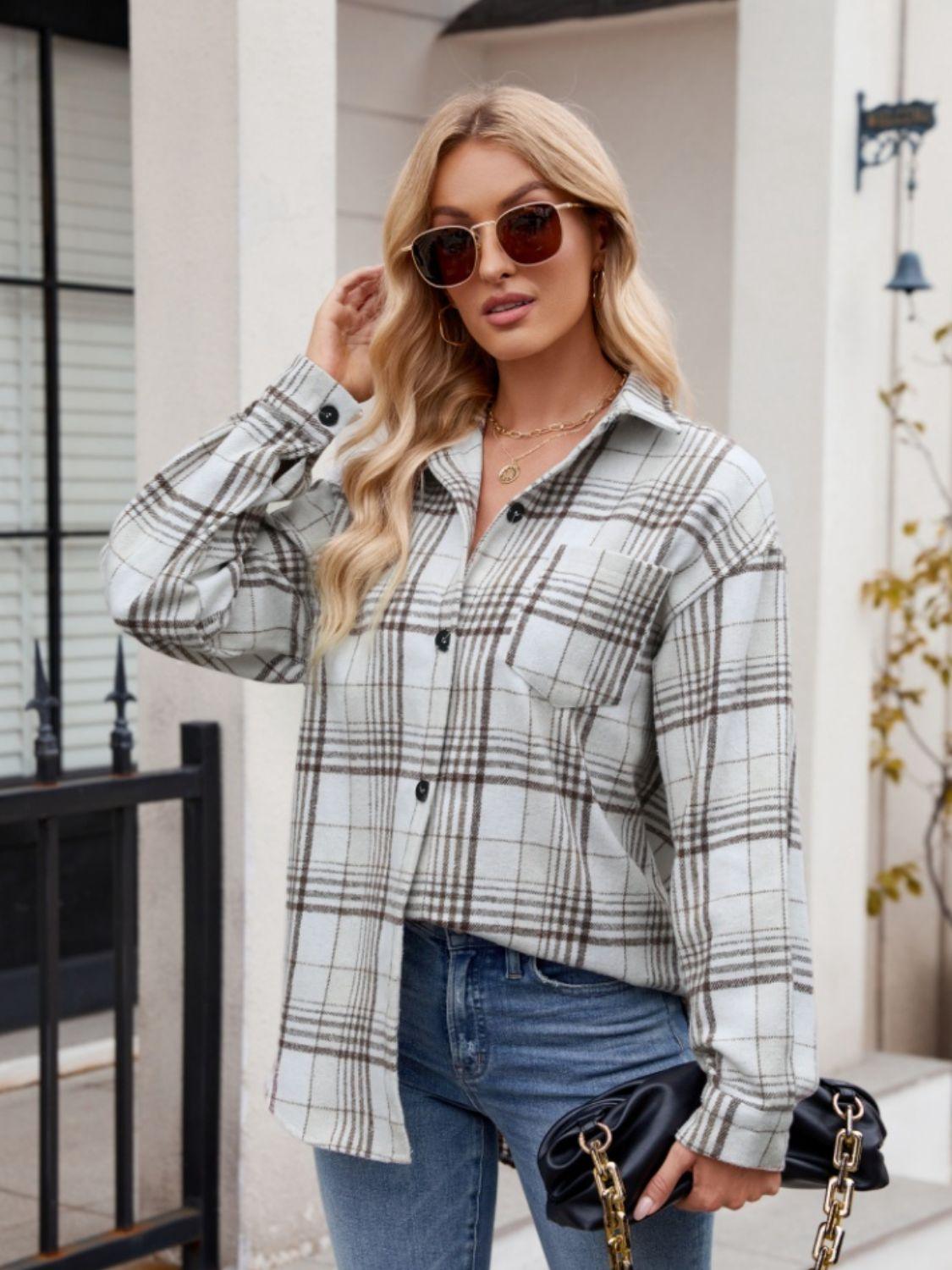 Pocketed Plaid Collared Neck Long Sleeve Shirt - Abundia House