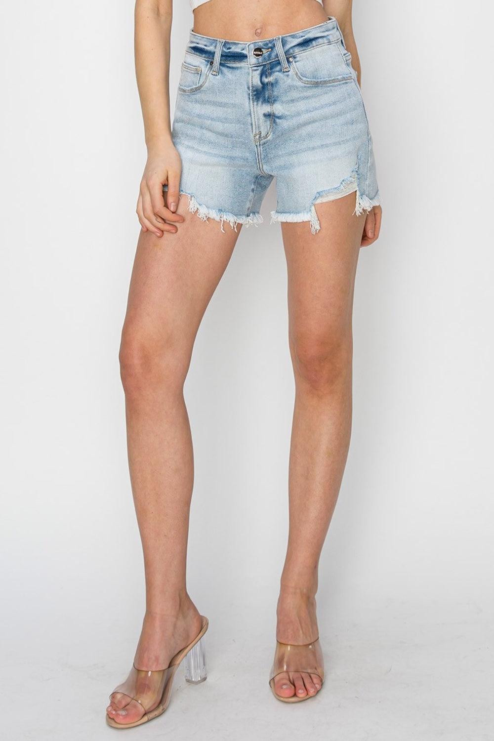 RISEN High Waist Frayed Detail Denim Shorts - Abundia House