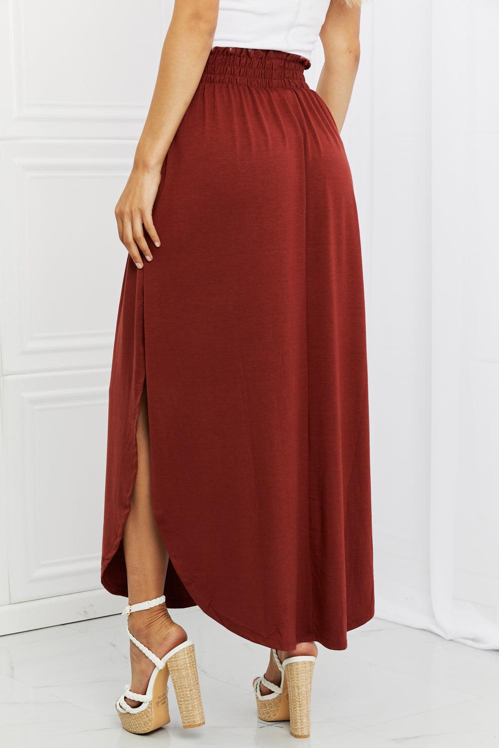 Zenana It's My Time Full Size Side Scoop Scrunch Skirt in Dark Rust - Abundia House