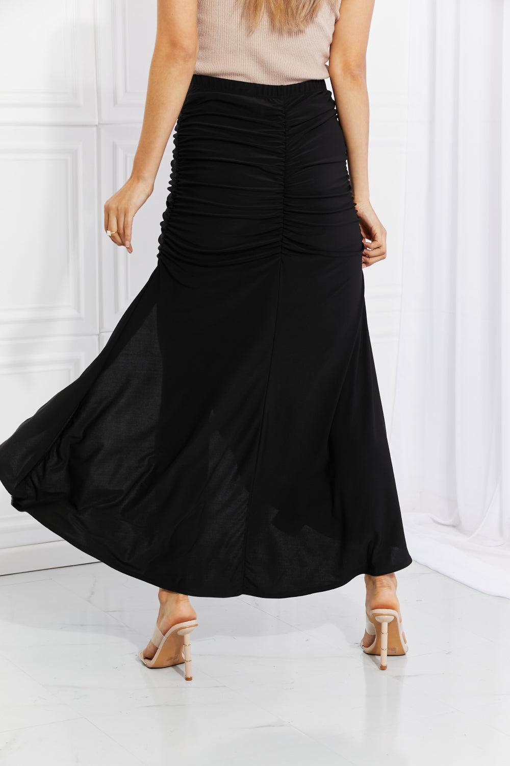 White Birch Full Size Up and Up Ruched Slit Maxi Skirt in Black - Abundia House