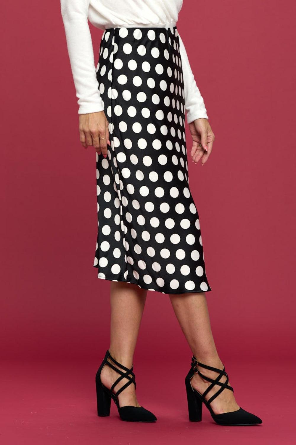 RENEE C Polka Dot Satin Midi Skirt - Abundia House