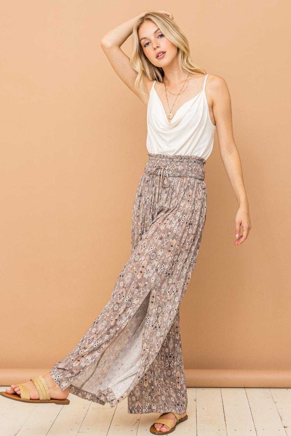 And The Why Printed Smocked Waist Slit Wide Leg Pants - Abundia House