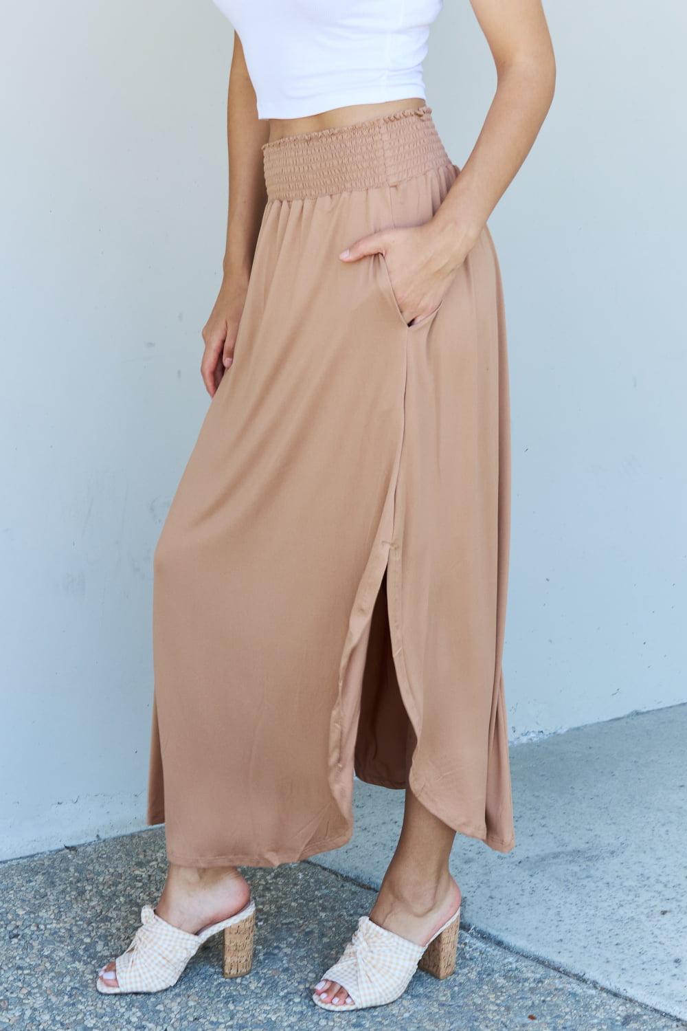 Doublju Comfort Princess Full Size High Waist Scoop Hem Maxi Skirt in Tan - Abundia House