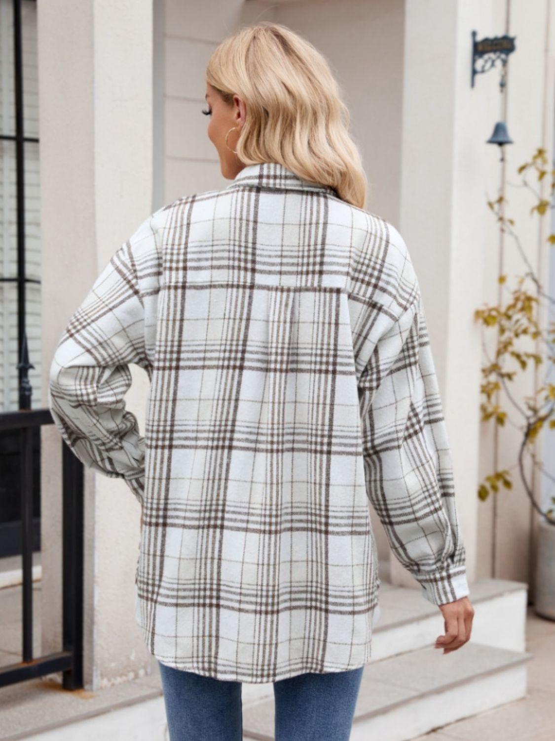 Pocketed Plaid Collared Neck Long Sleeve Shirt - Abundia House