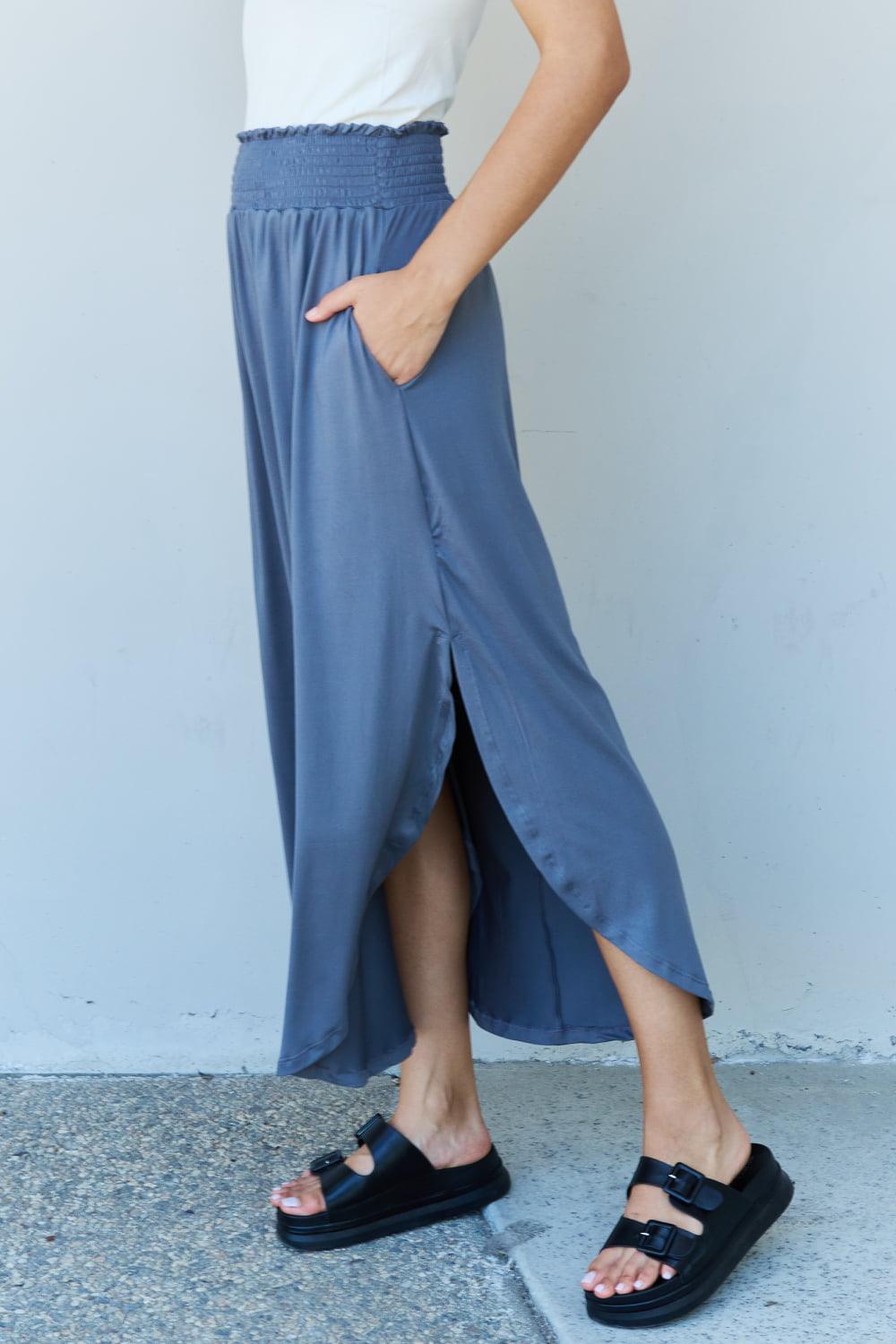 Doublju Comfort Princess Full Size High Waist Scoop Hem Maxi Skirt in Dusty Blue - Abundia House